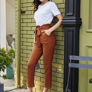 Women’s Paper Bag Pants High Waist with Pockets Tie Casual Cropped Trousers